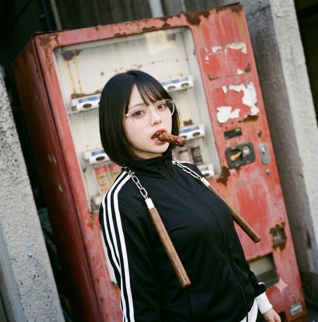 Young Japanese woman with short black bob hair and glasses posing outdoors in a black tracksuit with chain details in front of a weathered red vending machine.