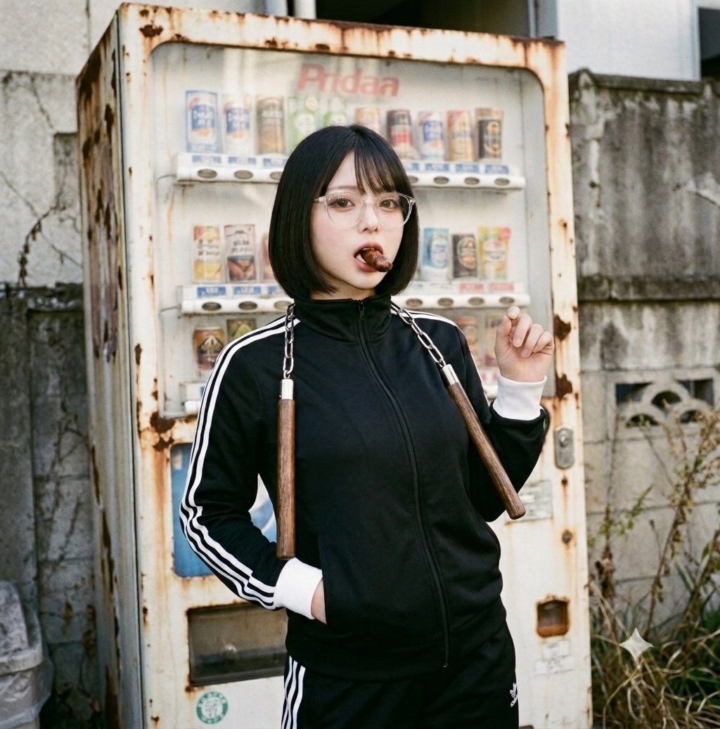 Young Japanese woman with short black bob hair and glasses in a black tracksuit, casually posing with nunchucks in front of a rusty vending machine.