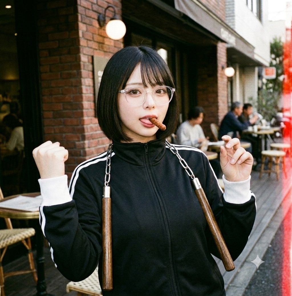 Young Japanese woman with short black bob hair and glasses posing playfully outdoors holding nunchucks.