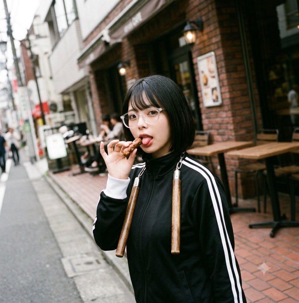 Young East Asian woman with short black bob and glasses playfully eating on a city sidewalk in front of a brick cafe.