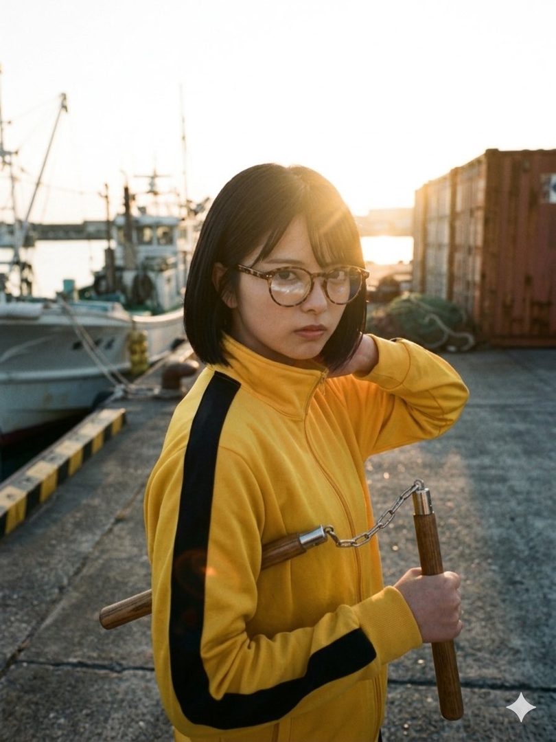 Young woman with short black hair and glasses wearing a yellow tracksuit while holding nunchucks at a sunny harbor dock.