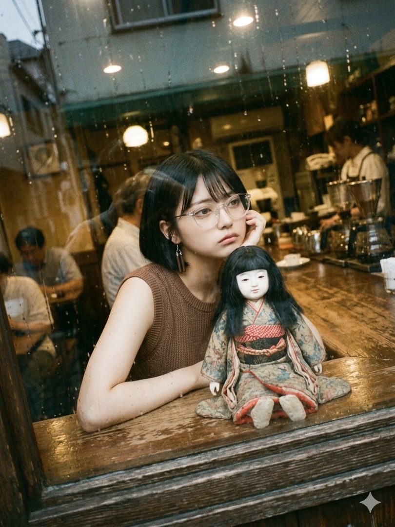 Young East Asian woman with short black hair and glasses resting her chin on her hand beside a traditional Japanese doll on a wooden cafe counter viewed through a rain-streaked window.