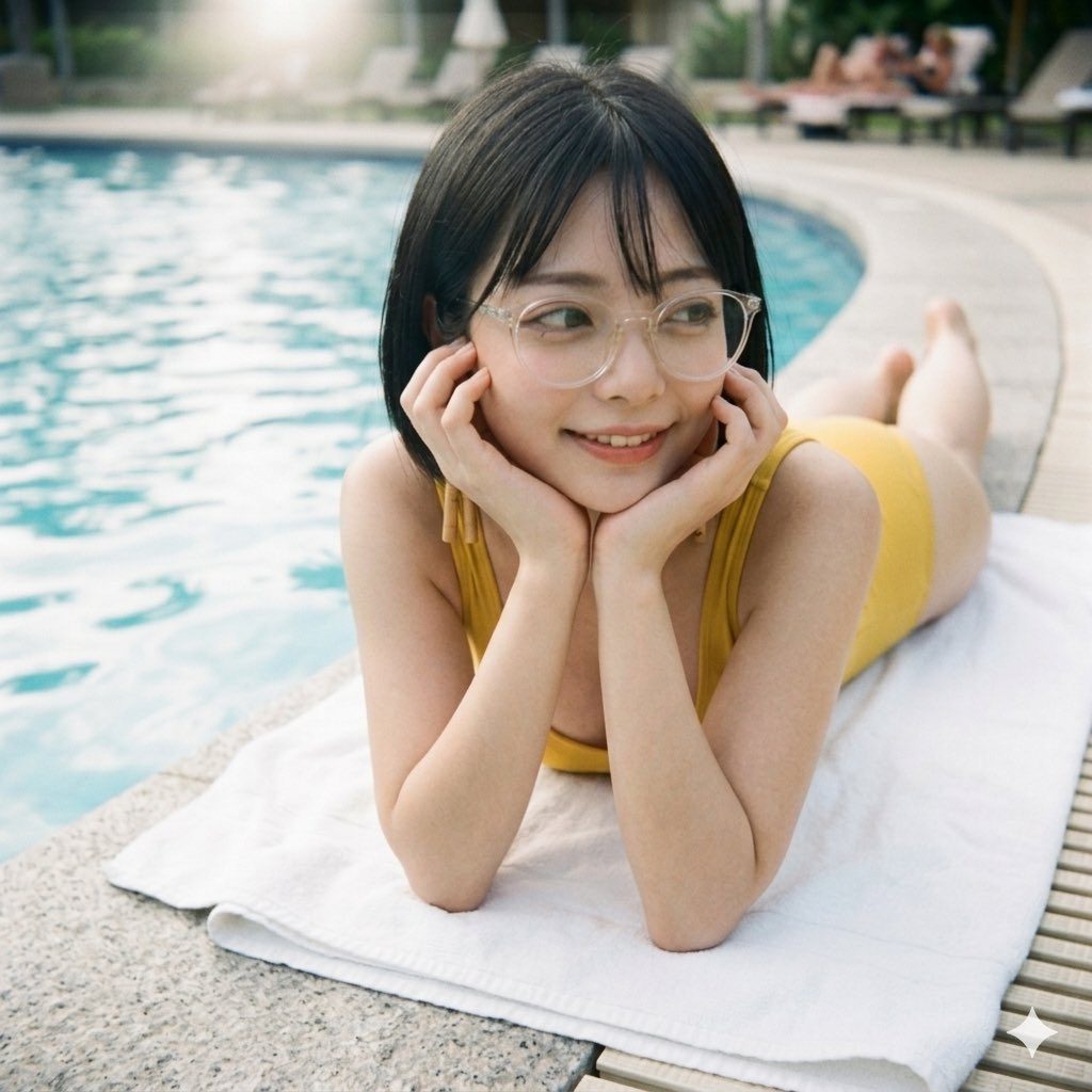 Young woman with short black hair and glasses in a yellow swimsuit smiling while lying by the pool on a white towel.