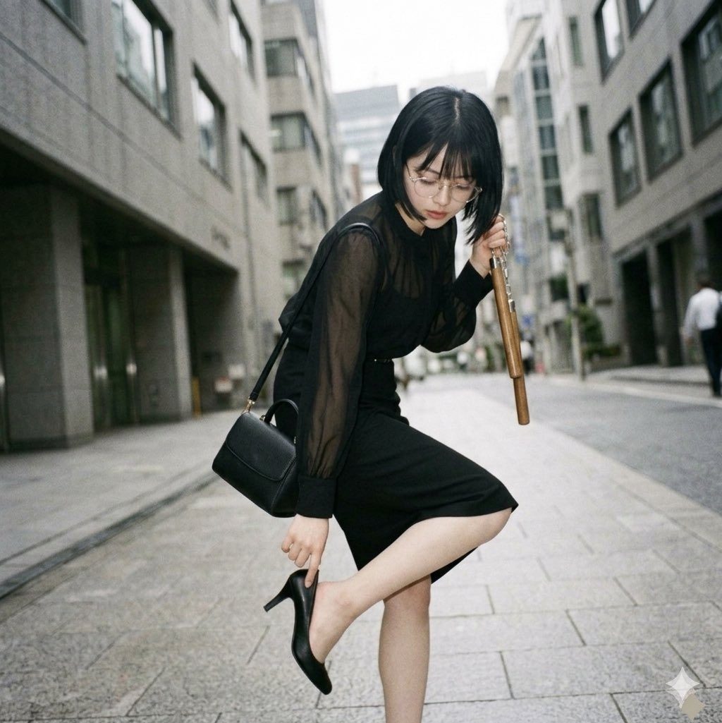 Elegant Japanese woman with short black hair and glasses posing on a city street in a sheer black blouse and skirt while holding an umbrella.