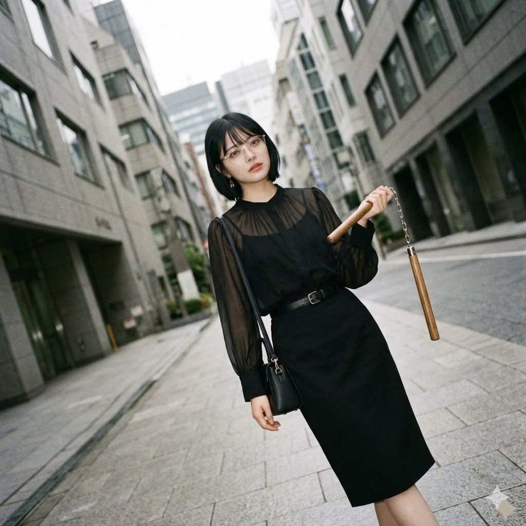 A stylish young woman with short black bob hair and glasses poses confidently on a city street in an all-black outfit while holding a nunchaku.