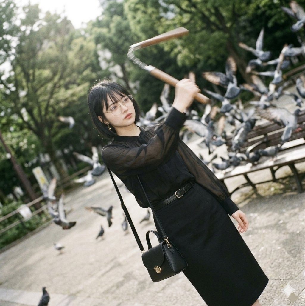 Young woman in black sheer blouse and skirt posing dynamically in a park amid a flock of flying pigeons.