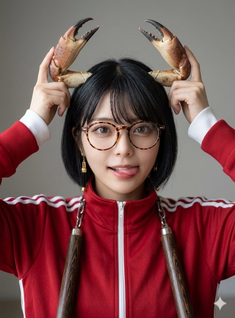 A young East Asian woman with a black bob haircut and tortoiseshell glasses playfully holds crab claws above her head while sticking out her tongue in a studio portrait.