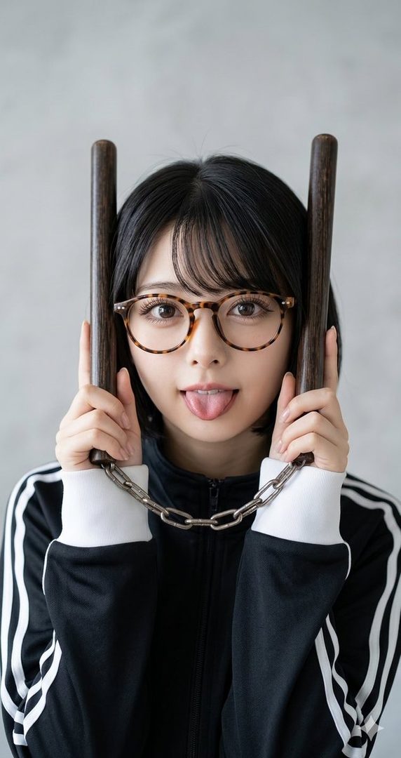 Young woman with short black hair and tortoiseshell glasses playfully sticking out her tongue while holding wooden nunchucks in a studio portrait.