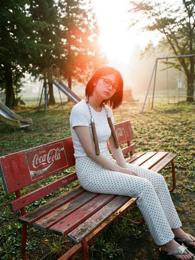 Young woman with short hair and glasses wearing a casual white outfit with polka-dot pants and a nunchaku accessory, seated on a vintage red Coca-Cola bench in a sunny park playground.