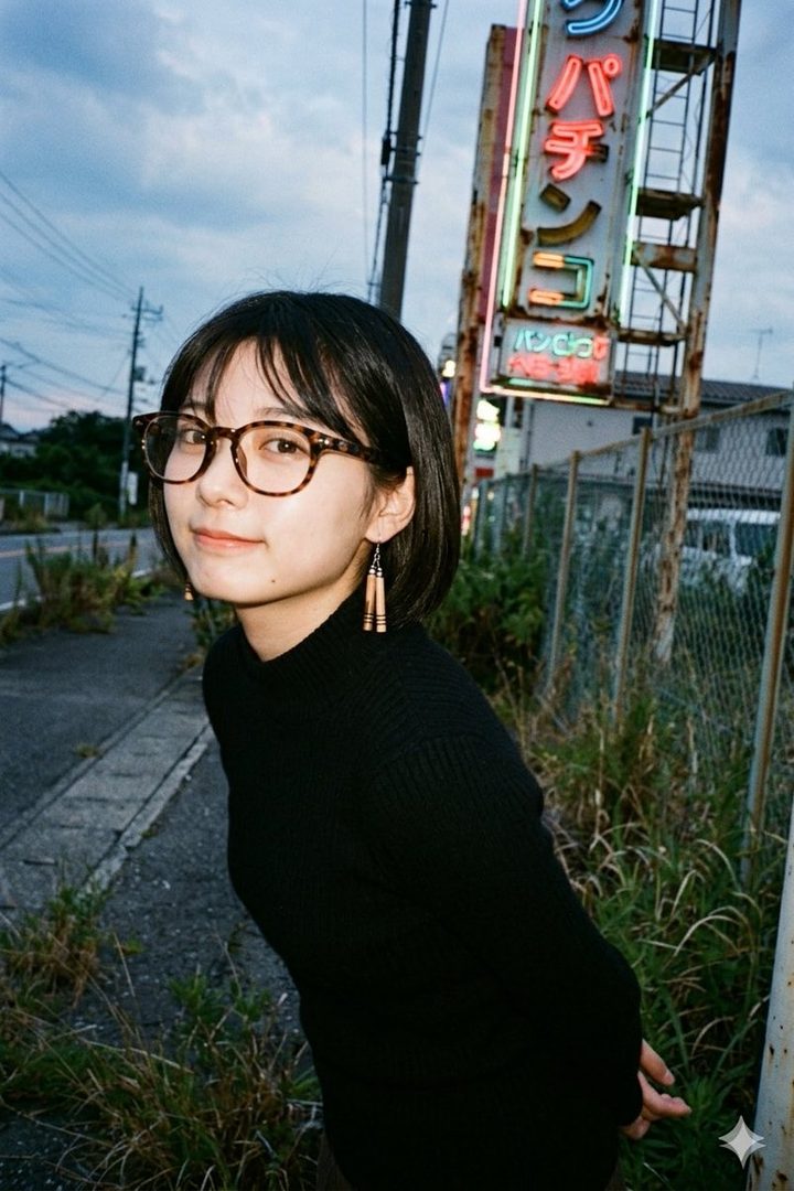 Young East Asian woman with short black bob hair and tortoiseshell glasses wearing a black turtleneck, posing on an urban street at dusk beside a Japanese neon sign.