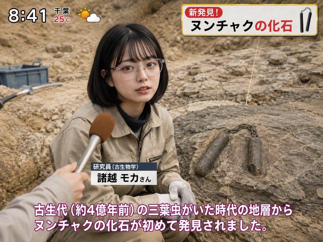 Young Japanese female paleontologist with short black hair and glasses at a rocky excavation site holding a brush near a humorous nunchuck fossil.