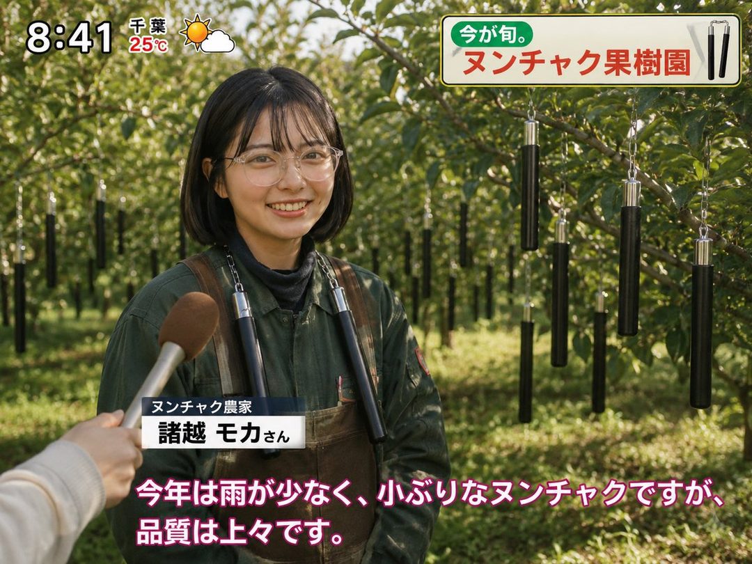 Young Japanese woman with short black hair and glasses smiling during an interview in a sunny fruit orchard.