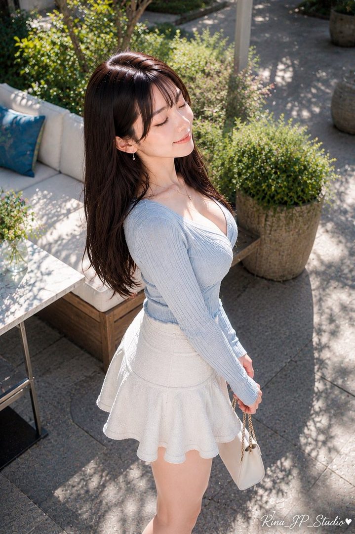 A young woman with long dark hair and a light blue ribbed top stands outdoors with her eyes closed, enjoying the sunlight.