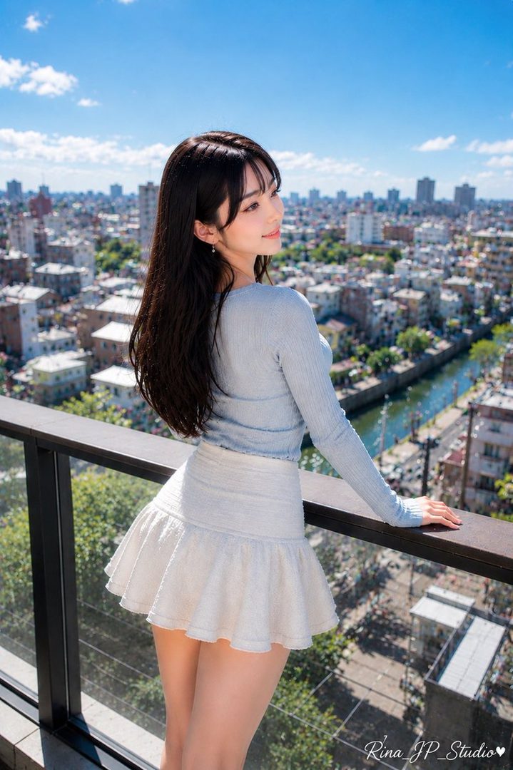 A young woman with long black hair and a light blue ribbed top and white mini skirt stands on a balcony overlooking a city on a sunny day.