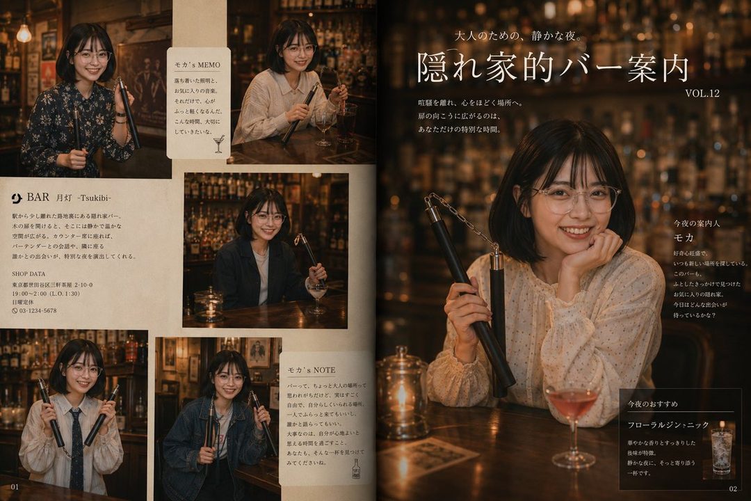 Young Japanese woman with glasses smiling in a dimly lit bar while holding nunchucks, featured in a magazine collage.