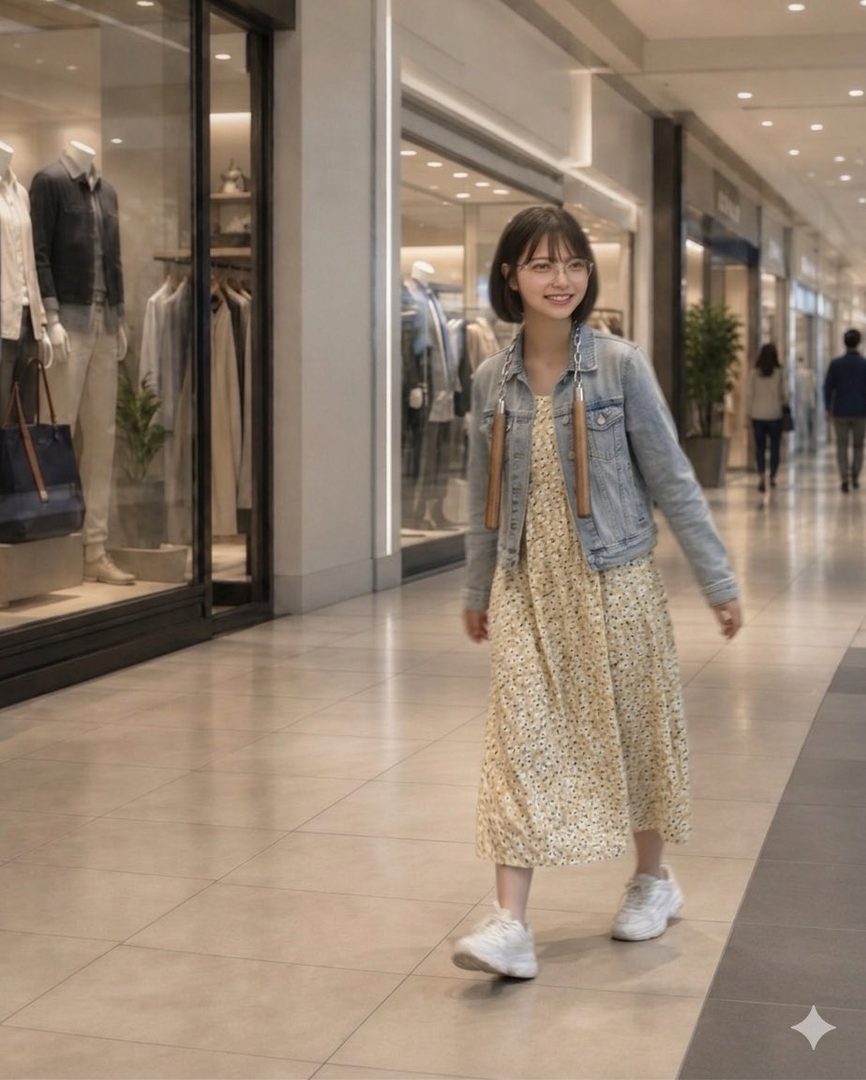 Young Japanese woman with short bob haircut and glasses in a floral dress and denim jacket walking through a bright shopping mall.