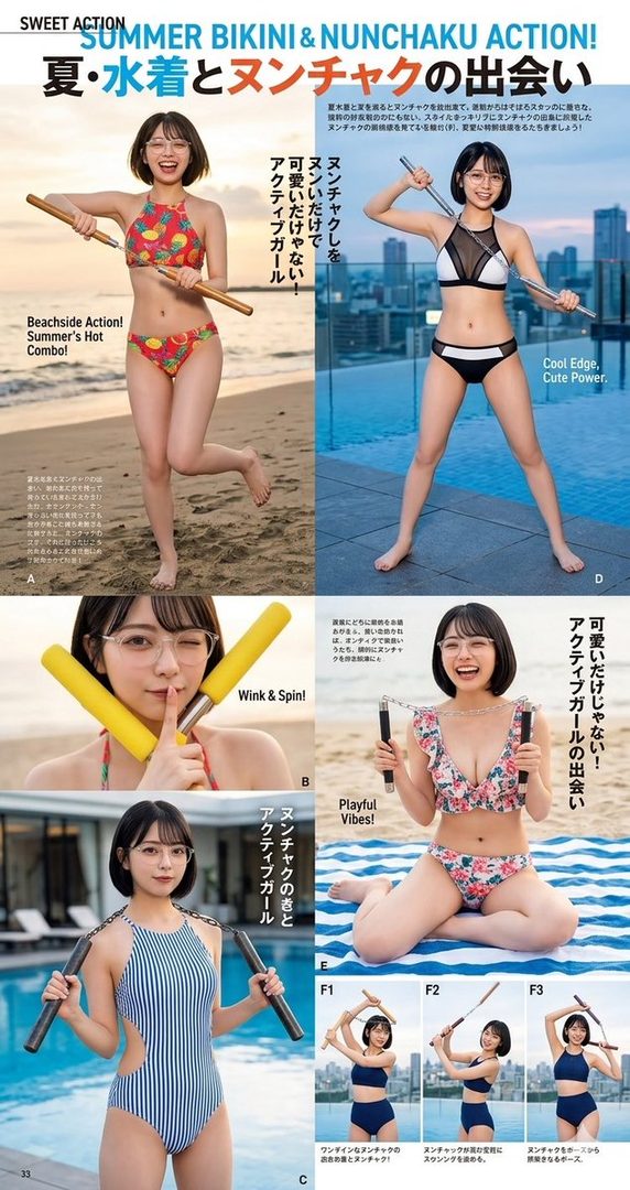 Magazine collage of young Japanese women in colorful bikinis and swimsuits posing dynamically with nunchucks on the beach and by the pool.