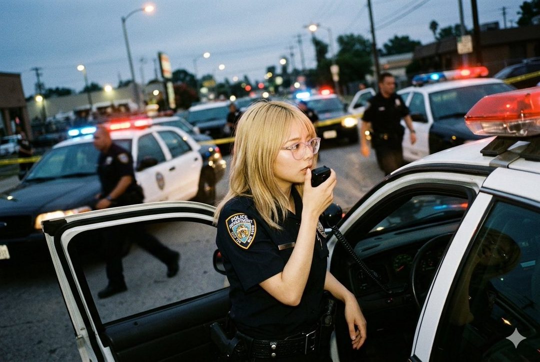 Blonde Asian policewoman in uniform speaking on a radio beside an open patrol car at a nighttime crime scene with flashing lights.