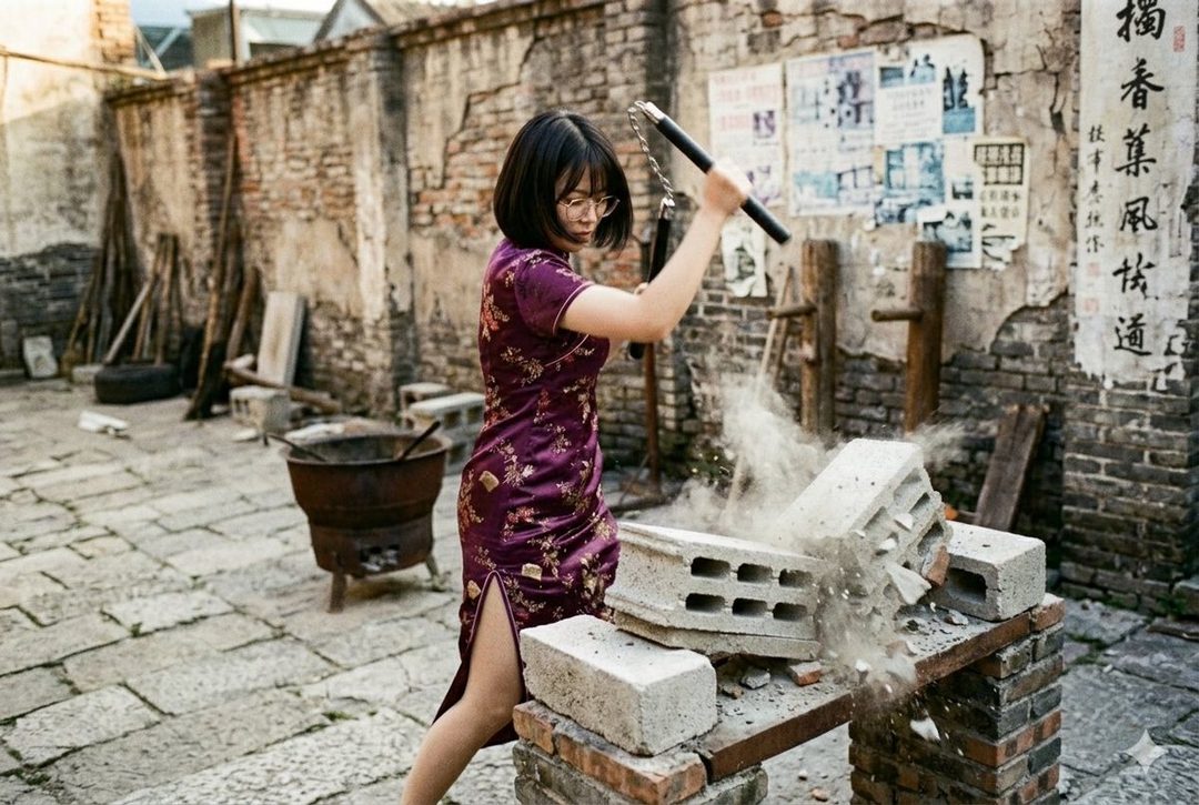 Young woman in a purple floral qipao swinging nunchucks to smash bricks in a rundown urban alley.