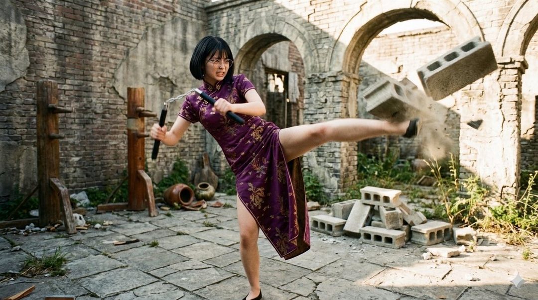 A young woman in a purple qipao performs a powerful martial arts kick with nunchucks inside a ruined brick building.