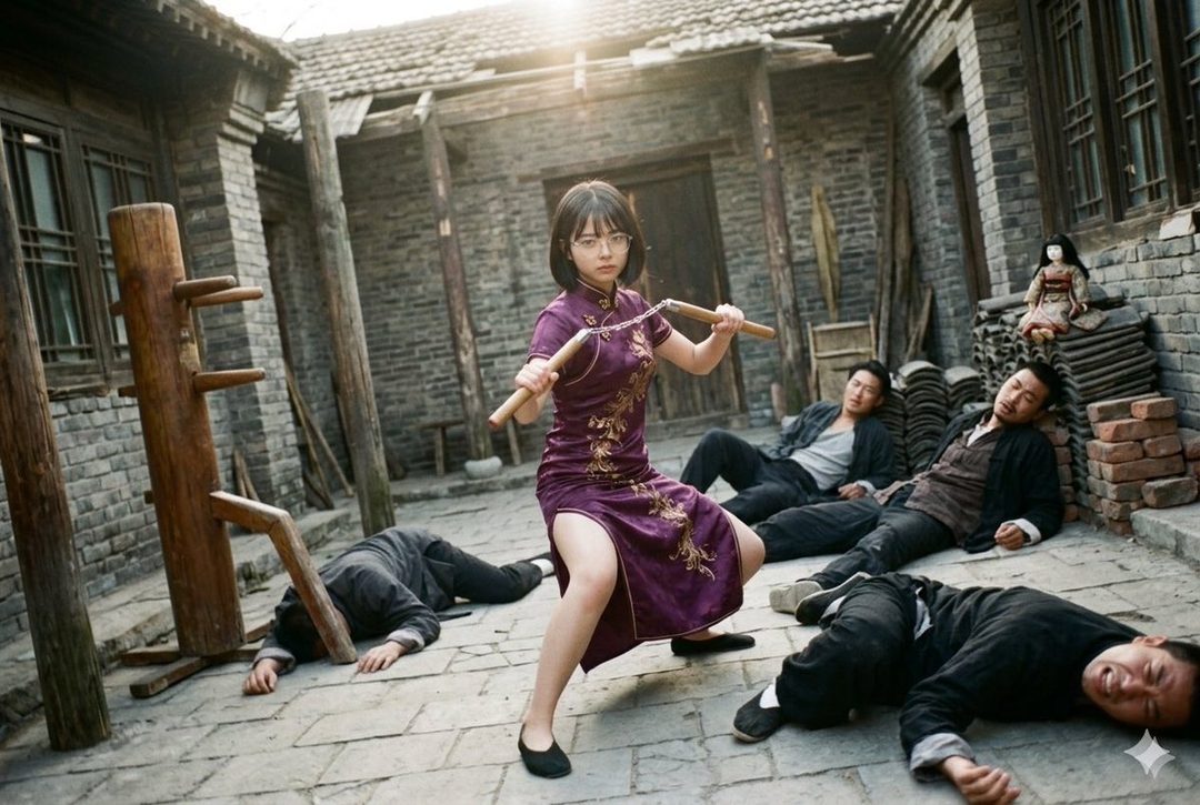 Young woman in a purple qipao strikes a dynamic nunchucks pose in a sunlit traditional Chinese courtyard surrounded by fallen opponents.