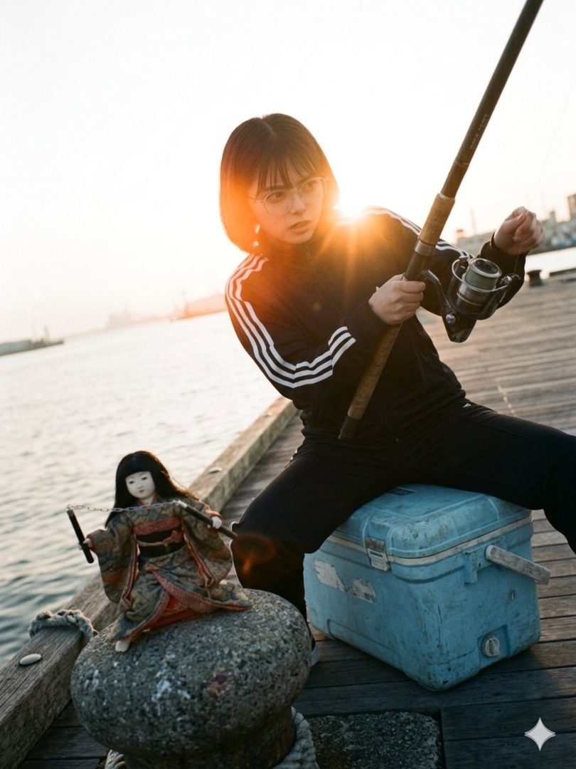 Young Japanese woman in glasses and tracksuit holding a fishing rod on a sunlit pier beside a kimono-clad doll with nunchucks.