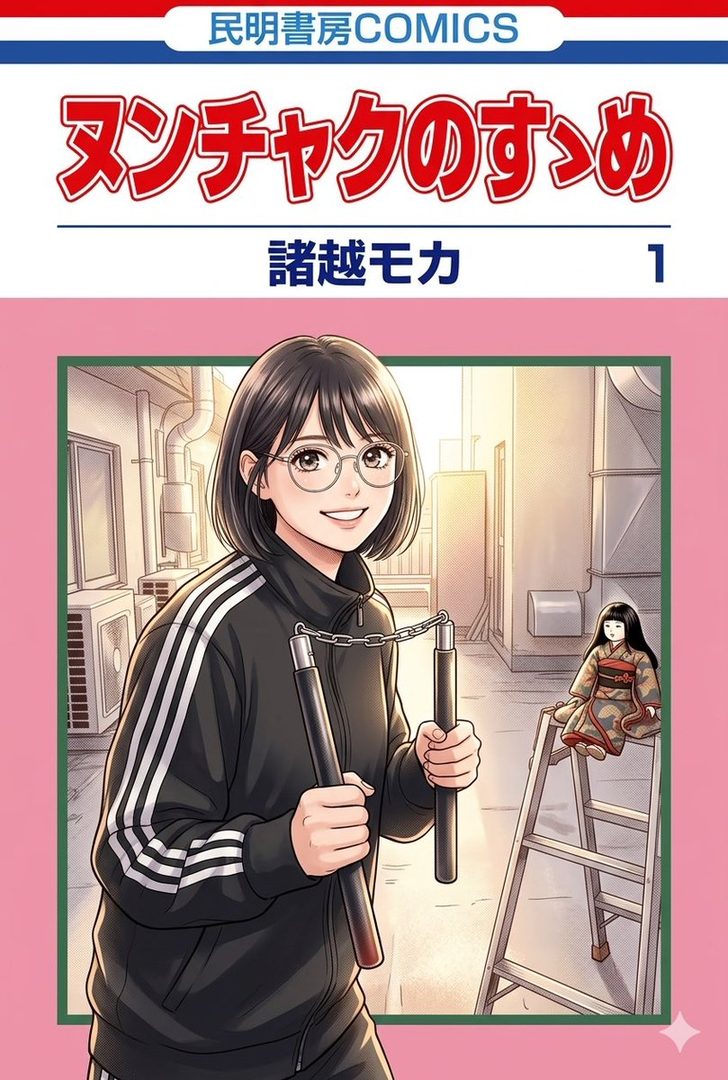 Manga cover illustration of a smiling young woman with glasses and short black hair holding nunchucks in a hallway setting.