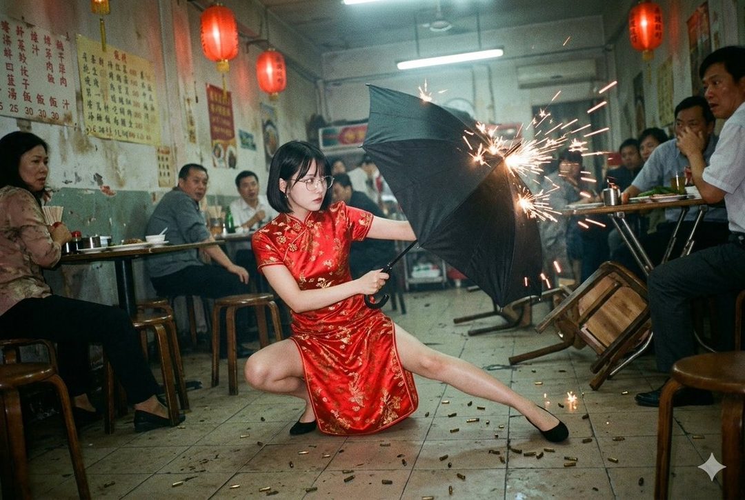 A young woman in a red qipao crouches dynamically in a crowded Chinese restaurant, holding a black umbrella emitting bright sparks amid surprised diners.