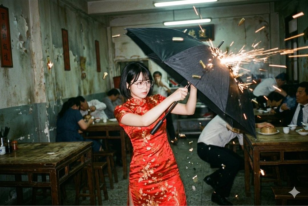 Young East Asian woman in a red qipao holding a black umbrella amid flying sparks and bullets inside a worn Chinese restaurant.