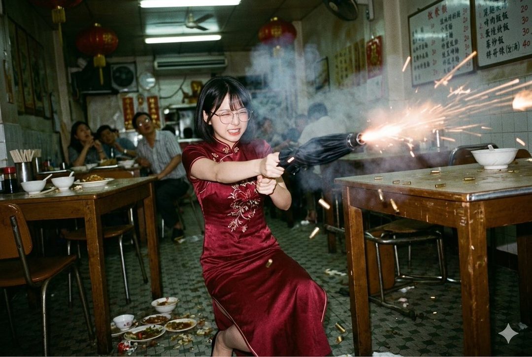 Young woman in red qipao and glasses dramatically firing a sparking umbrella gun inside a bustling Chinese restaurant.