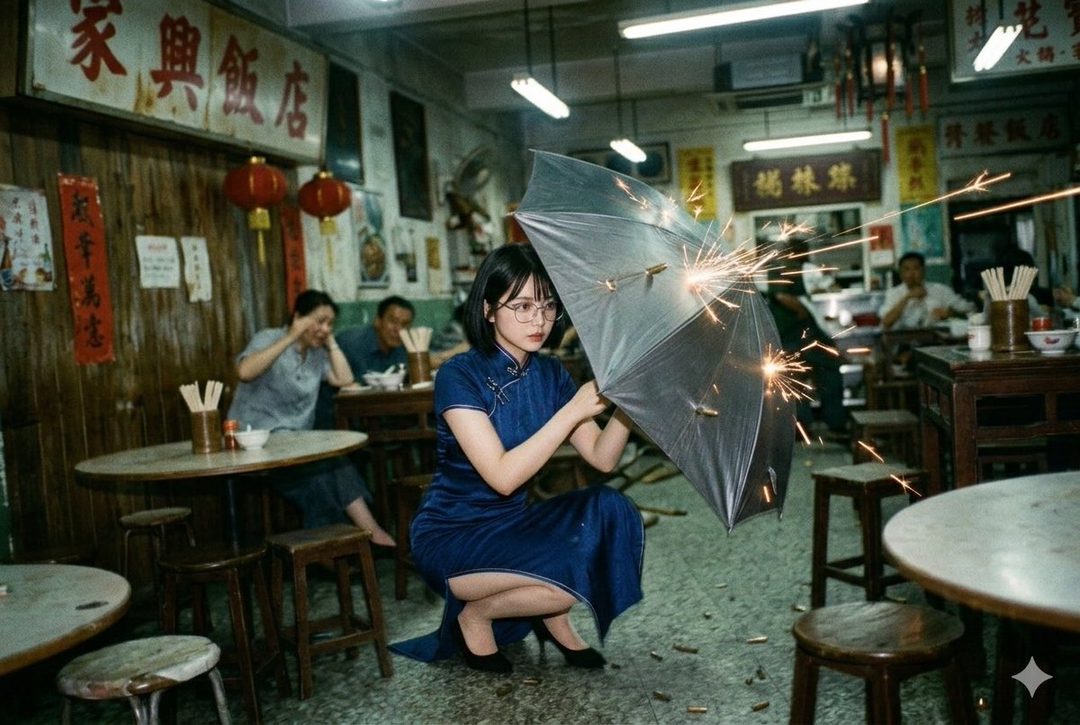 Young East Asian woman in blue qipao crouching in a vintage Chinese diner while holding a transparent umbrella emitting bright sparks.