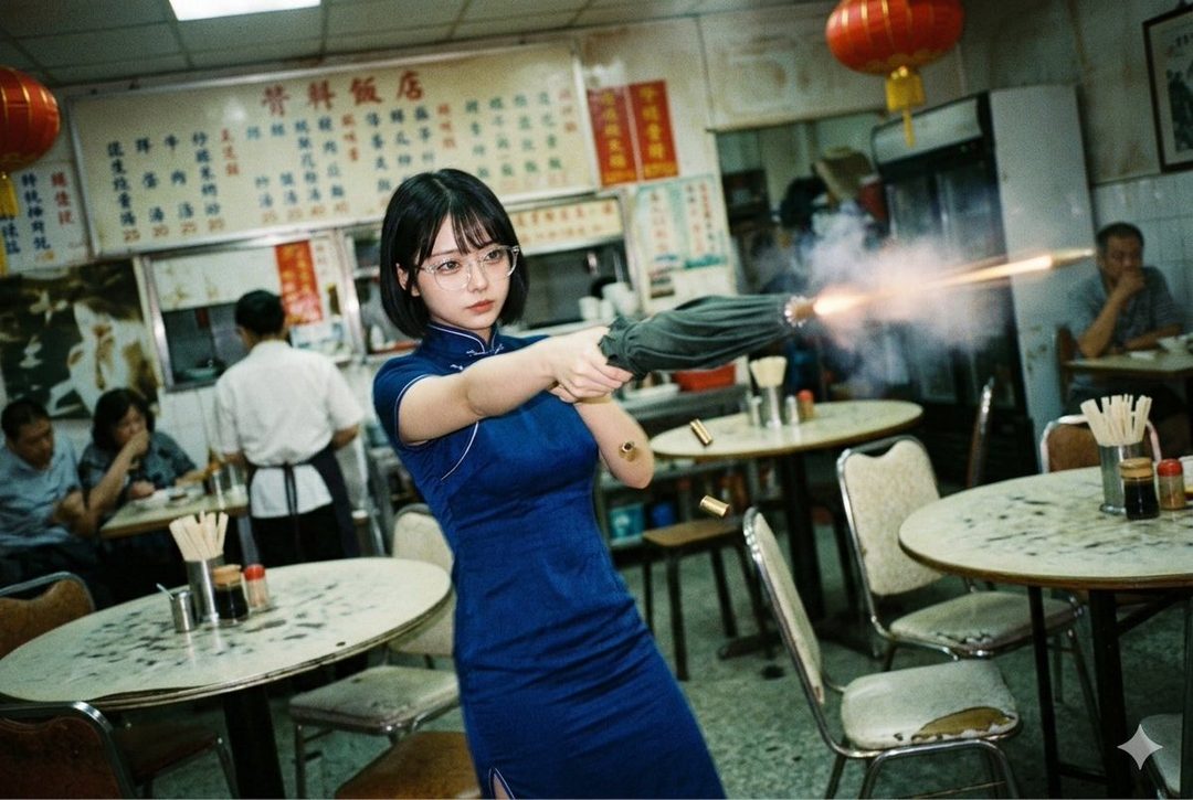 Young woman in blue qipao firing a handgun inside a busy Chinese restaurant with red lanterns and diners in the background.