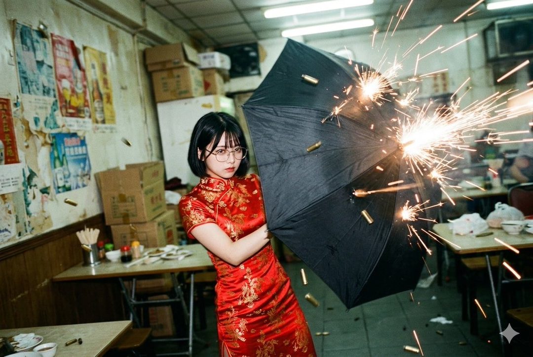 Young East Asian woman in a red qipao holding a black umbrella emitting sparks and flying bullets inside a cluttered restaurant.