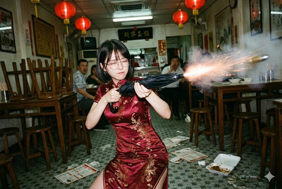 Young woman in red qipao firing a bullet from a black umbrella inside a cluttered Chinese restaurant with red lanterns.