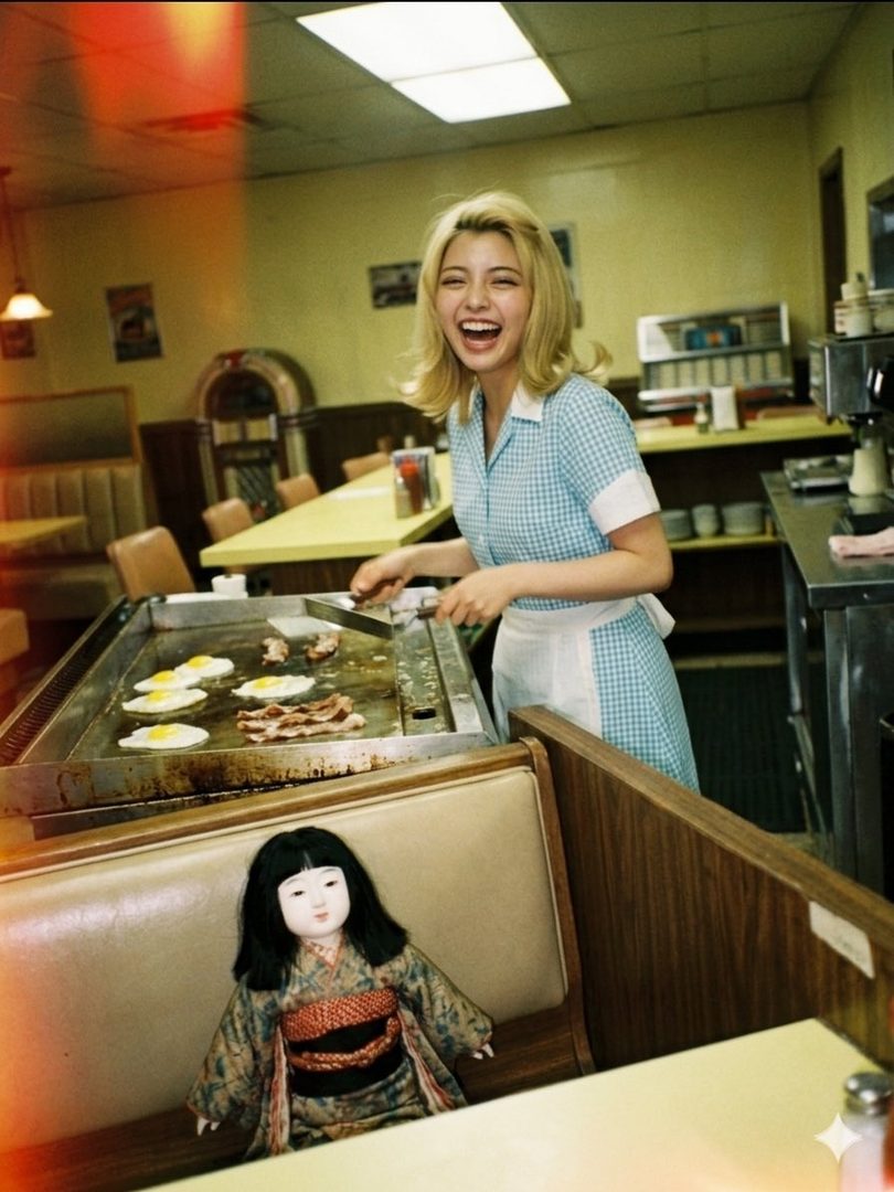 A joyful blonde waitress in a blue gingham uniform laughs while cooking eggs and bacon on a diner griddle, with a traditional Japanese doll seated in the foreground booth.