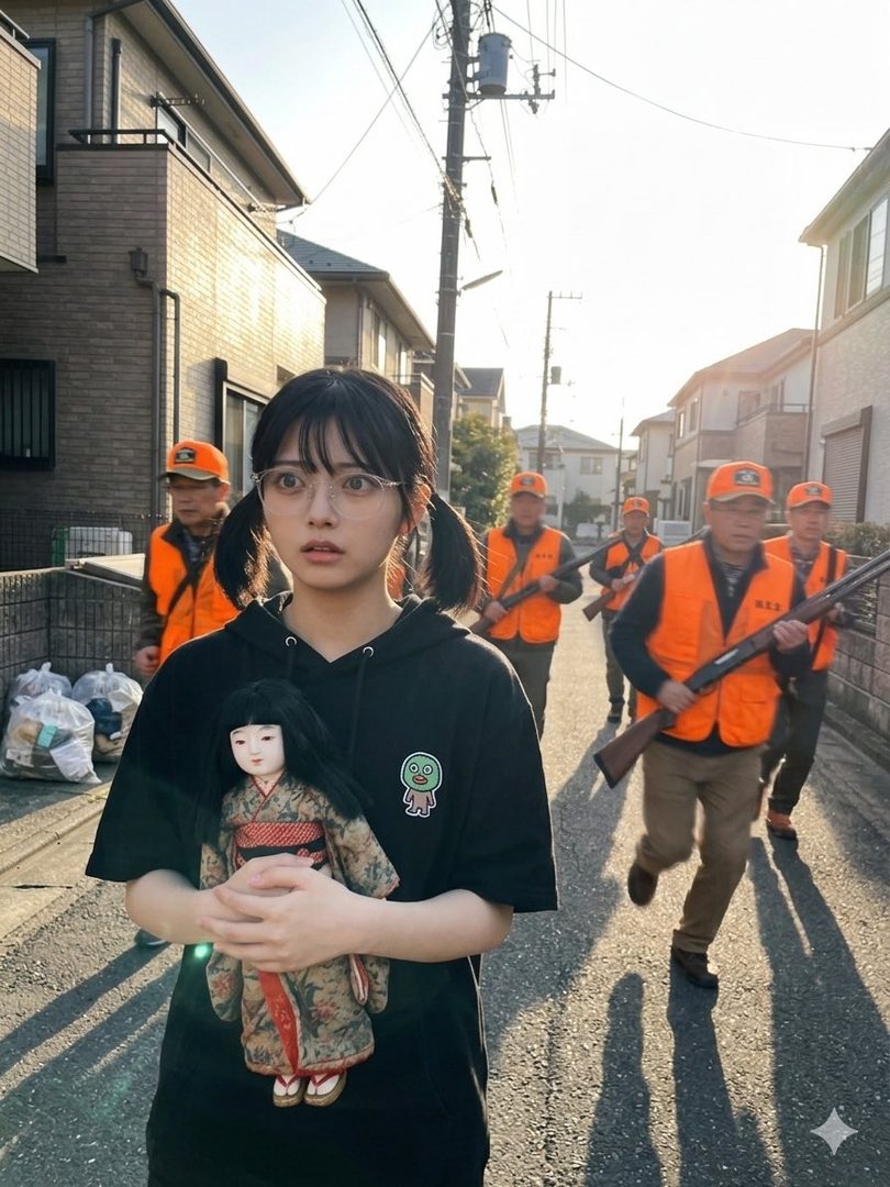 Young Japanese woman with pigtails and glasses holding a traditional doll on a sunny suburban street with armed men in orange vests running in the background.