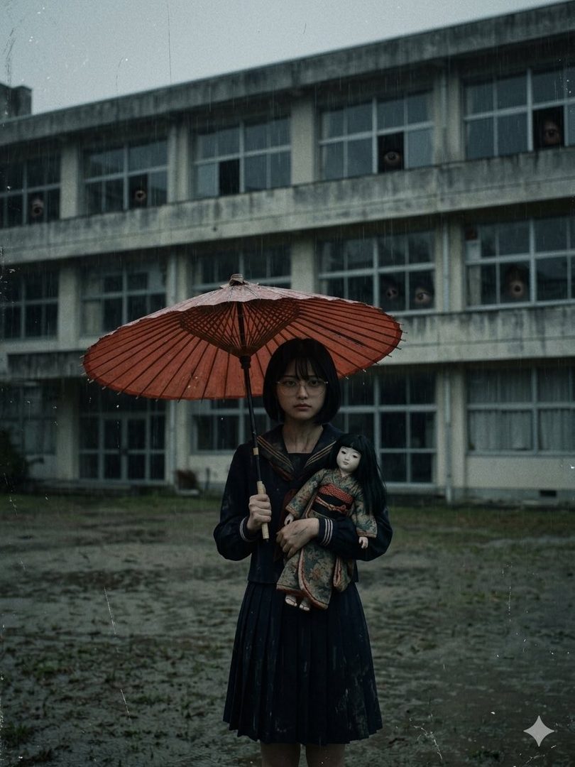 Young woman in Japanese school uniform holding a red oil-paper umbrella and a doll while standing in the rain before a derelict concrete building.