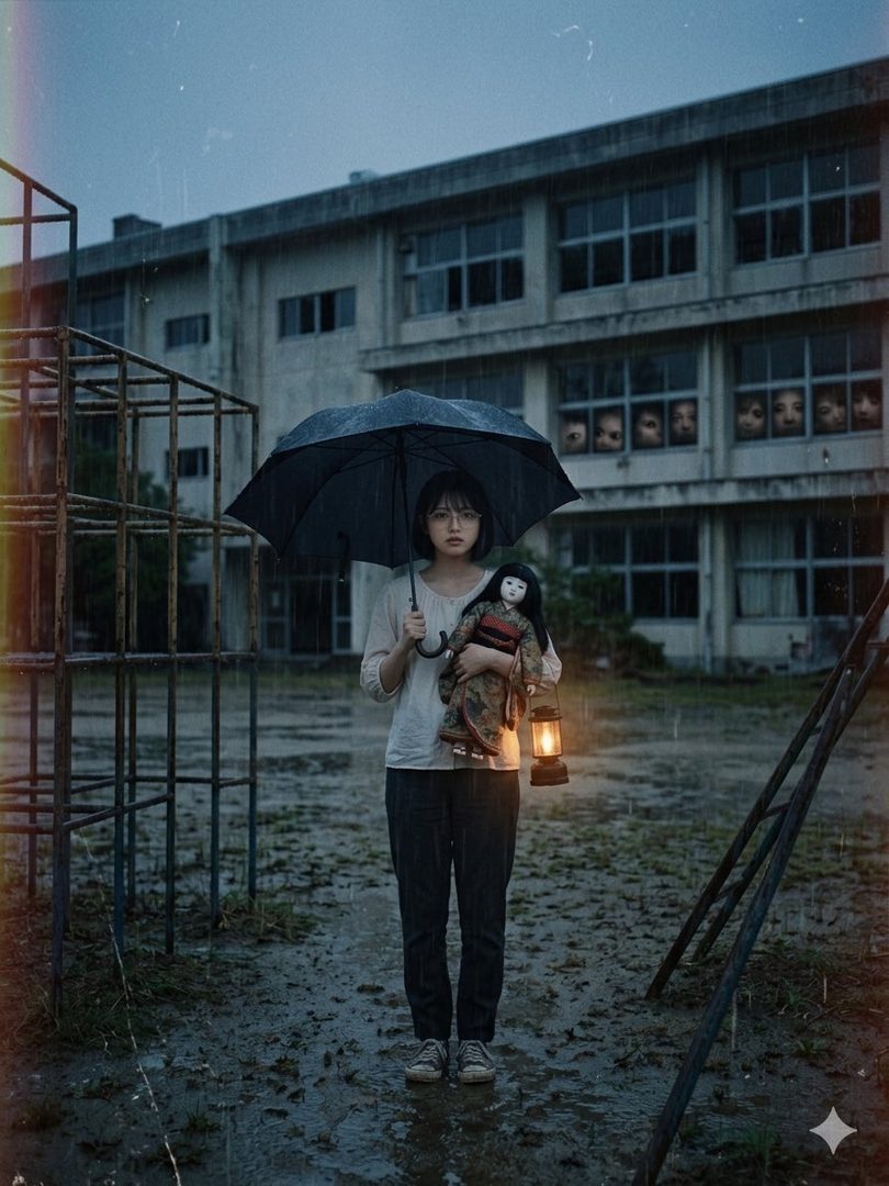 A young woman with short black hair and glasses stands in the rain holding an umbrella, a doll, and a glowing lantern in front of a derelict building with eerie faces visible in the windows.