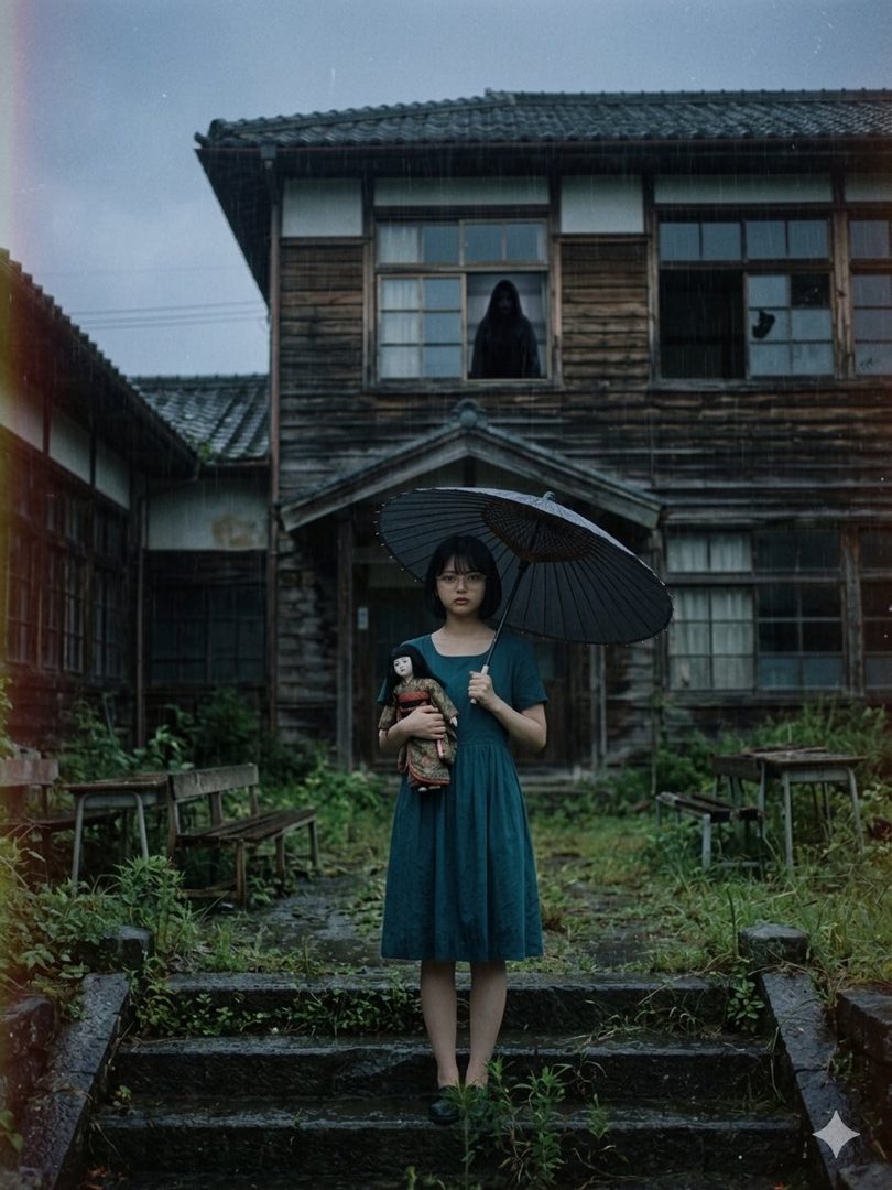 Young woman in teal dress holding a doll and umbrella stands before a dilapidated wooden house in the rain with a shadowy figure visible in an upstairs window.
