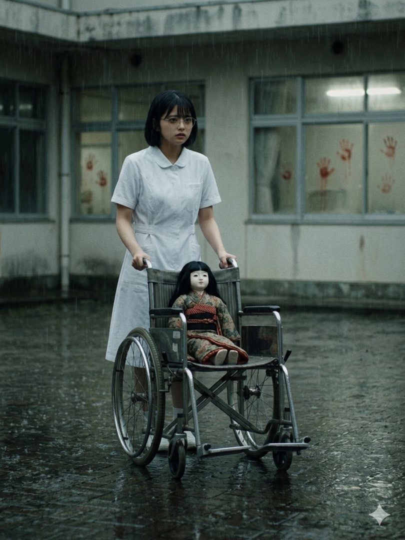 A young Japanese nurse in a white uniform pushes a wheelchair holding a traditional doll through heavy rain in front of a derelict building marked with bloody handprints.