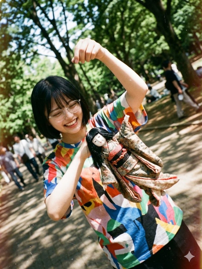 A young Japanese woman with short black hair and glasses smiling while holding a traditional Japanese marionette doll in a sunny park.