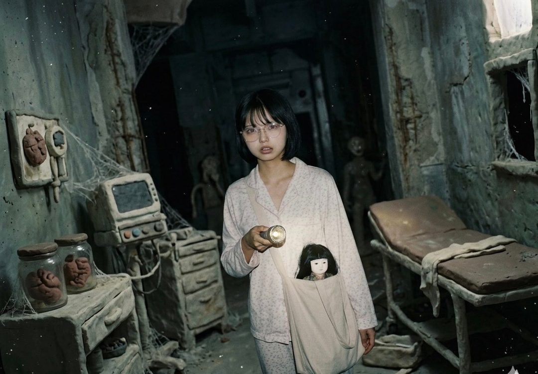 Young woman in pajamas holding a flashlight inside a dark abandoned room filled with cobwebs, medical equipment and eerie figures.
