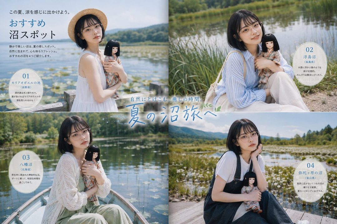 Young woman with short black hair and glasses posing outdoors by lakes and marshes while holding a matching doll in a Japanese summer travel magazine spread.