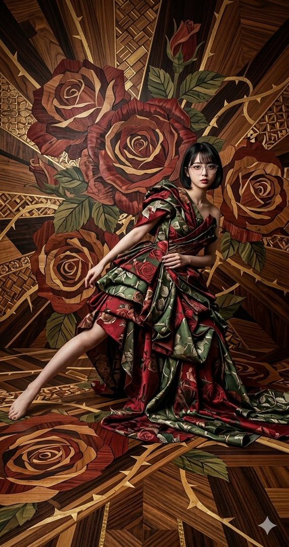 Elegant young woman with short black hair and glasses wearing a flowing red and green rose-patterned dress, posed dramatically against an intricate wooden rose mosaic background.