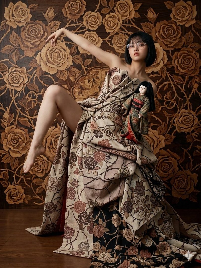 Elegant young woman with short black bob and glasses reclines wrapped in rose-patterned fabric while holding a traditional Japanese doll against an ornate carved wooden rose background.