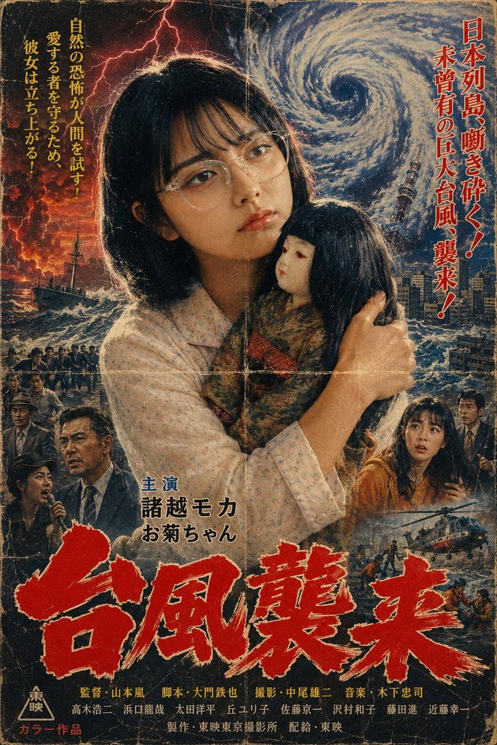 Vintage-style Japanese movie poster showing a woman with glasses clutching a doll amid dramatic typhoon imagery and ships at sea.