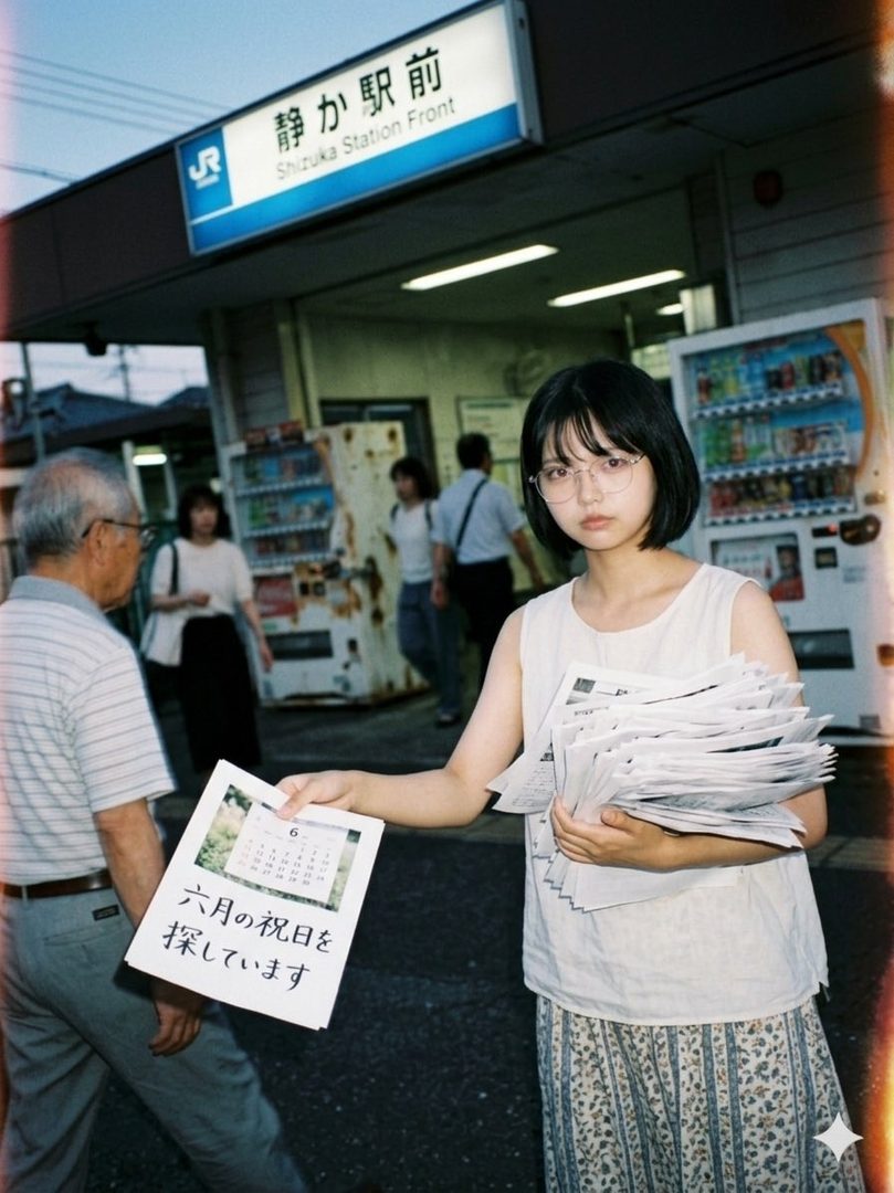 Young Japanese woman with short black hair and glasses at a train station entrance holding a stack of papers and a June calendar.