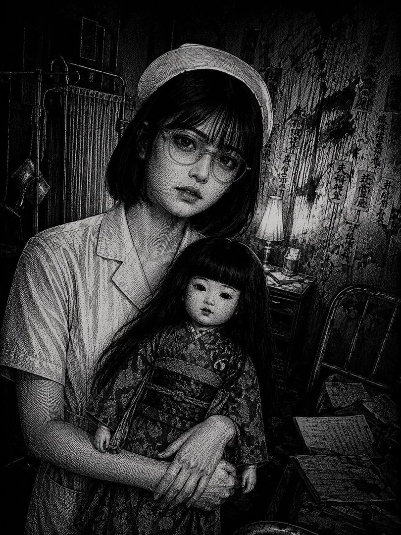 A young nurse wearing glasses cradles a large traditional doll in a dark abandoned room covered with Japanese writing.