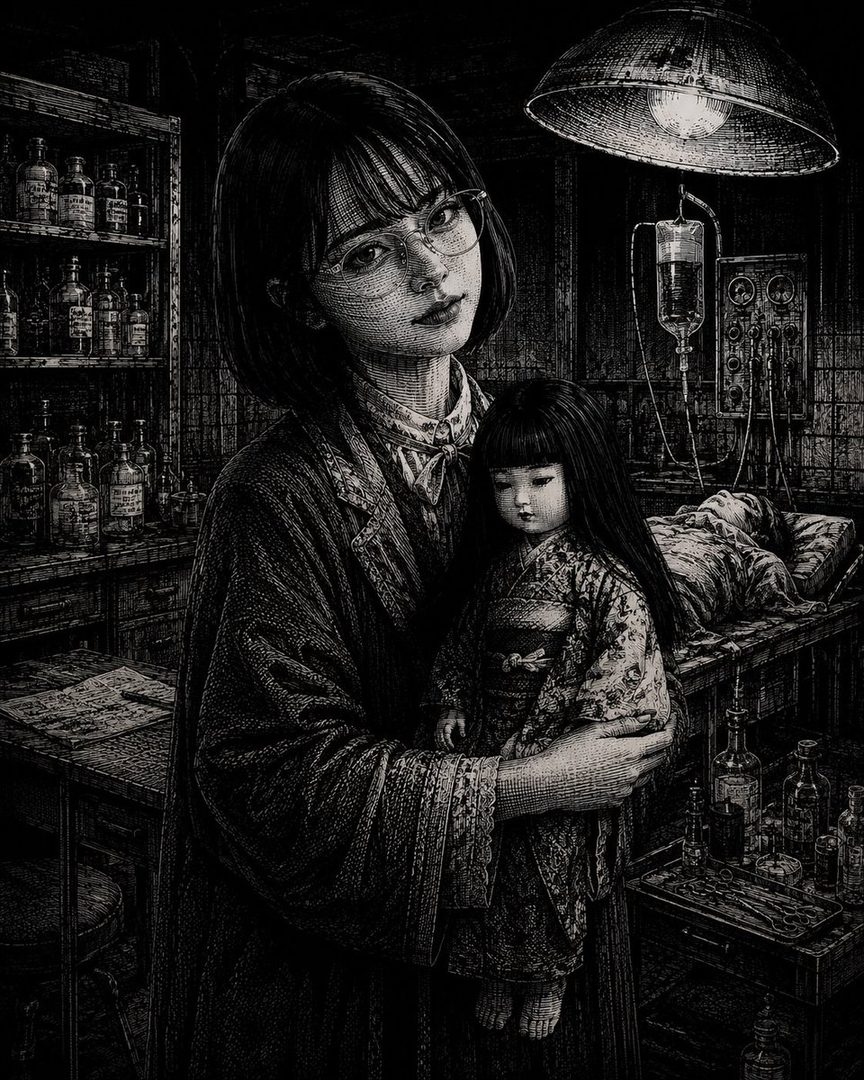 A young woman with glasses cradling a large doll in a dimly lit, cluttered laboratory filled with bottles and medical equipment.