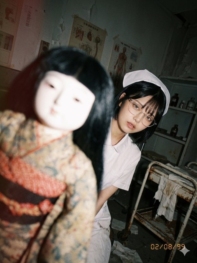 Young woman in nurse attire with glasses poses in a derelict hospital room beside a large traditional Japanese doll.